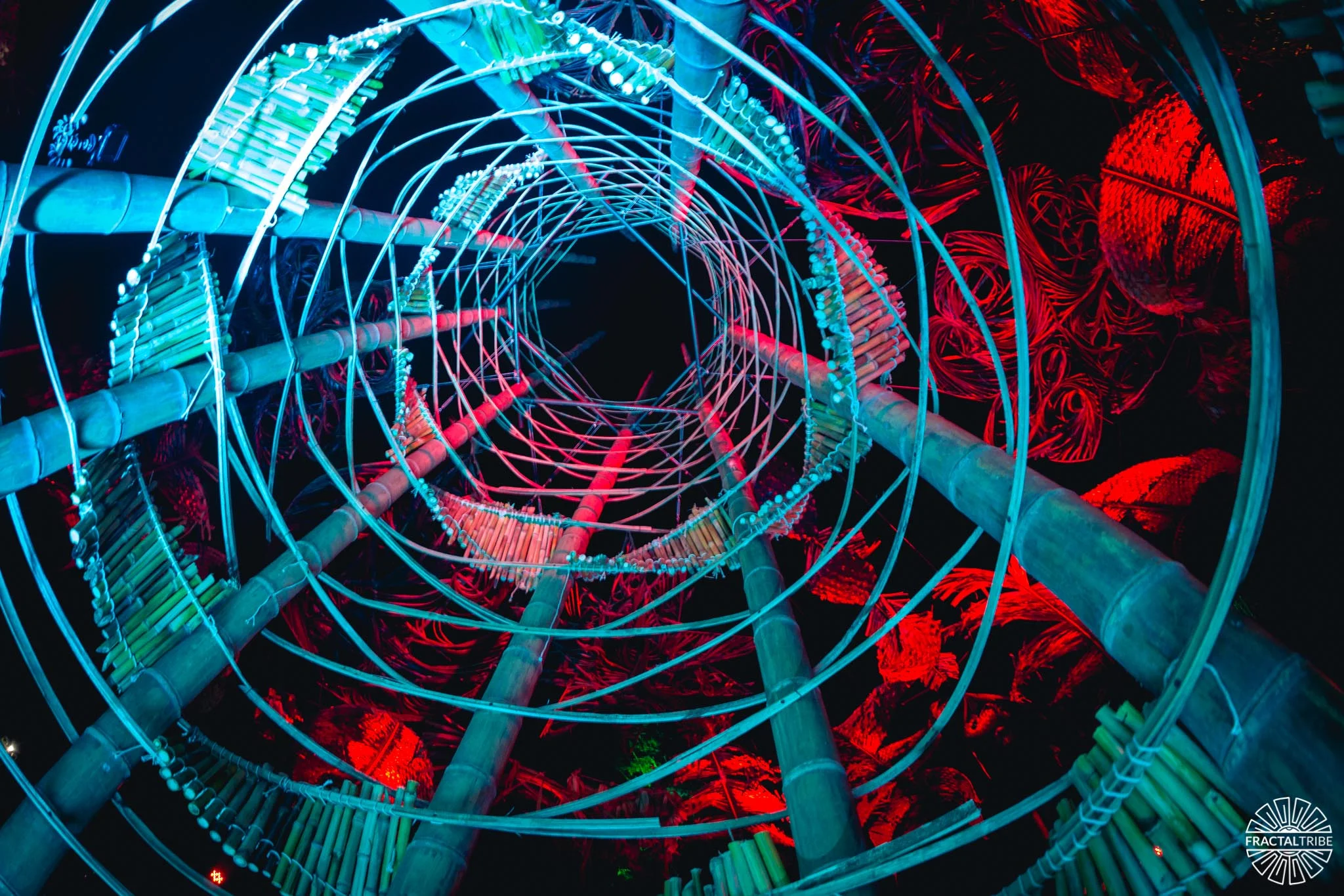 Spiral tunnel installation — red and blue light